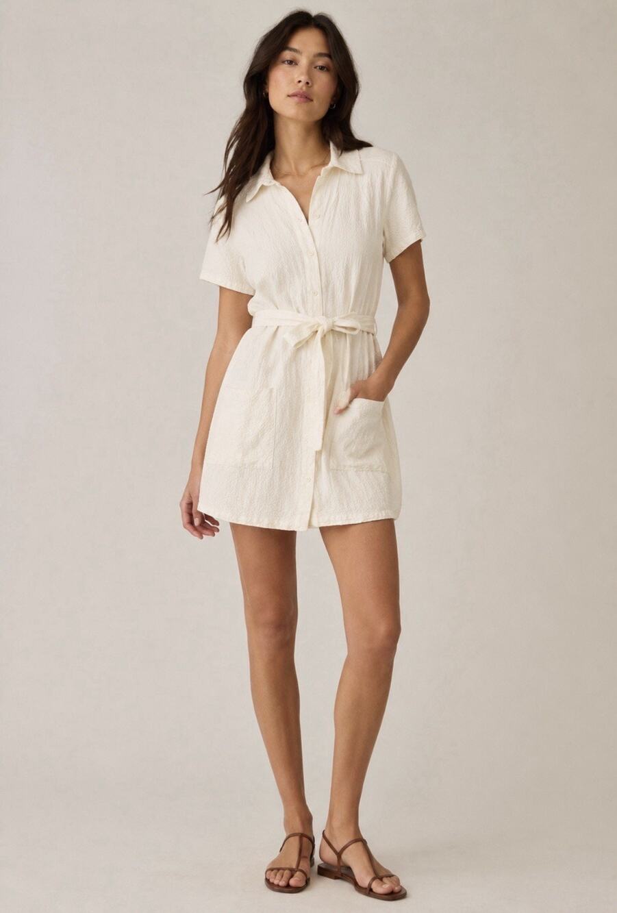 Reformation Shirt Dress Womens Small Ivory Gauze Mini Pockets Waist Belt Beach